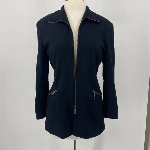 Vintage 90s Henri Bendel Wool Jacket Front Zip Up Collared Black Womens 10 - Picture 5 of 10